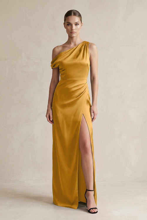 One - Shoulder Satin Sheath Bridesmaid Dress With Slit in Marigold - KissProm Bridesmaid Dresses