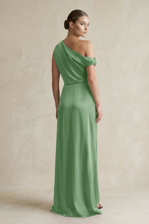 One - Shoulder Satin Sheath Bridesmaid Dress With Slit in Matcha - KissProm Bridesmaid Dresses