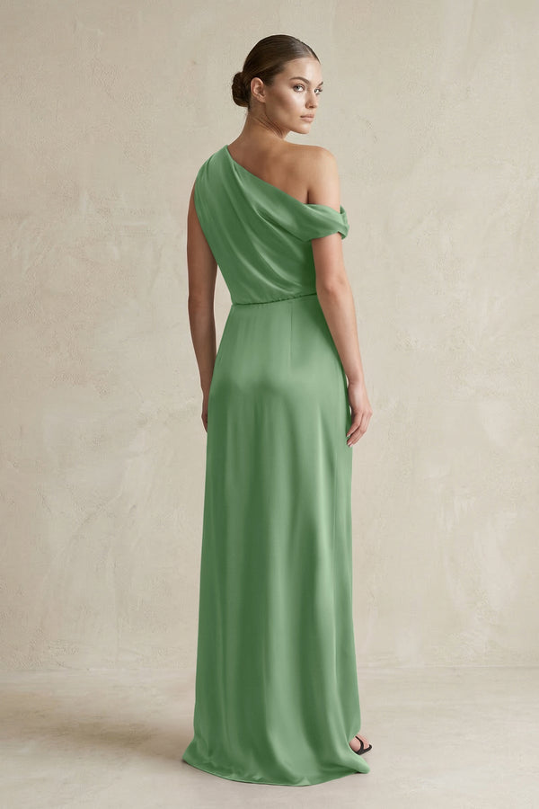 One - Shoulder Satin Sheath Bridesmaid Dress With Slit in Matcha - KissProm Bridesmaid Dresses
