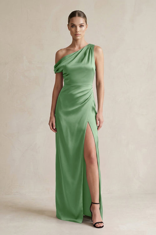 One - Shoulder Satin Sheath Bridesmaid Dress With Slit in Matcha - KissProm Bridesmaid Dresses