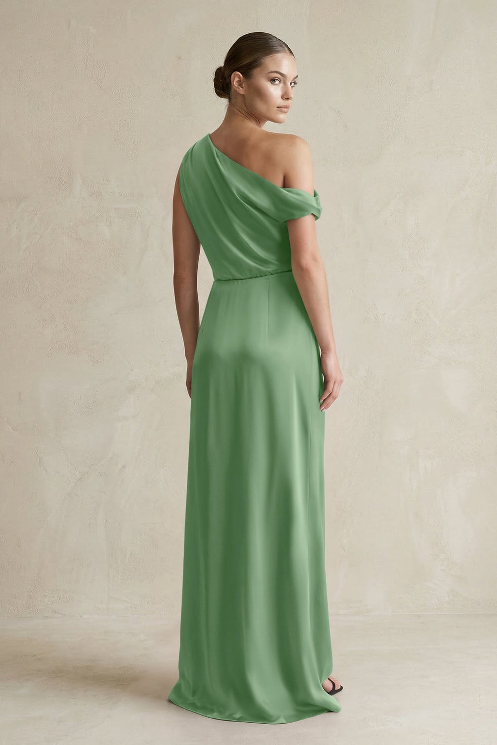 One - Shoulder Satin Sheath Bridesmaid Dress With Slit in Matcha - KissProm Bridesmaid Dresses