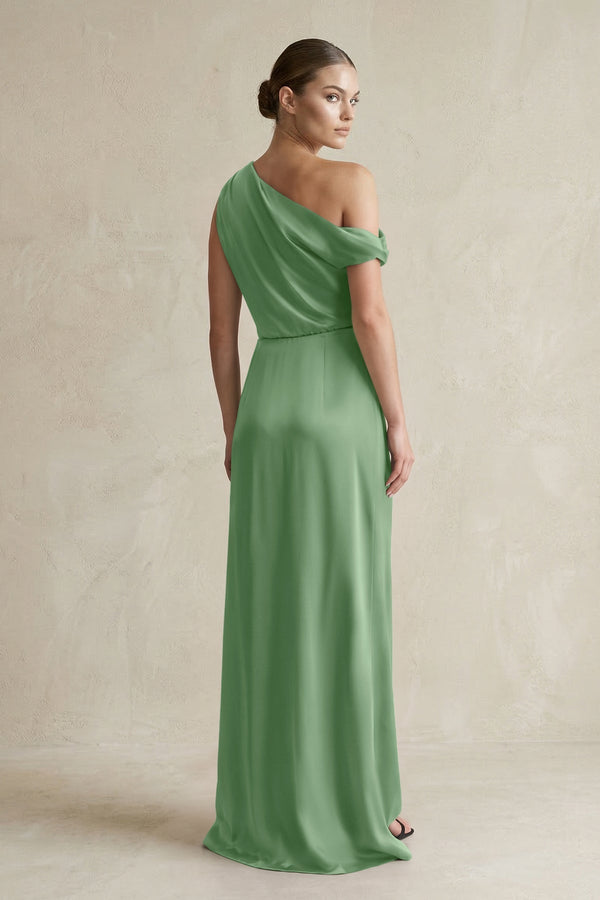 One - Shoulder Satin Sheath Bridesmaid Dress With Slit in Matcha - KissProm Bridesmaid Dresses