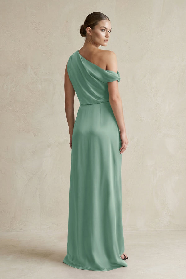 One - Shoulder Satin Sheath Bridesmaid Dress With Slit in Mint Green - KissProm Bridesmaid Dresses
