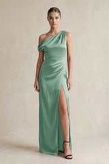 One - Shoulder Satin Sheath Bridesmaid Dress With Slit in Mint Green - KissProm Bridesmaid Dresses