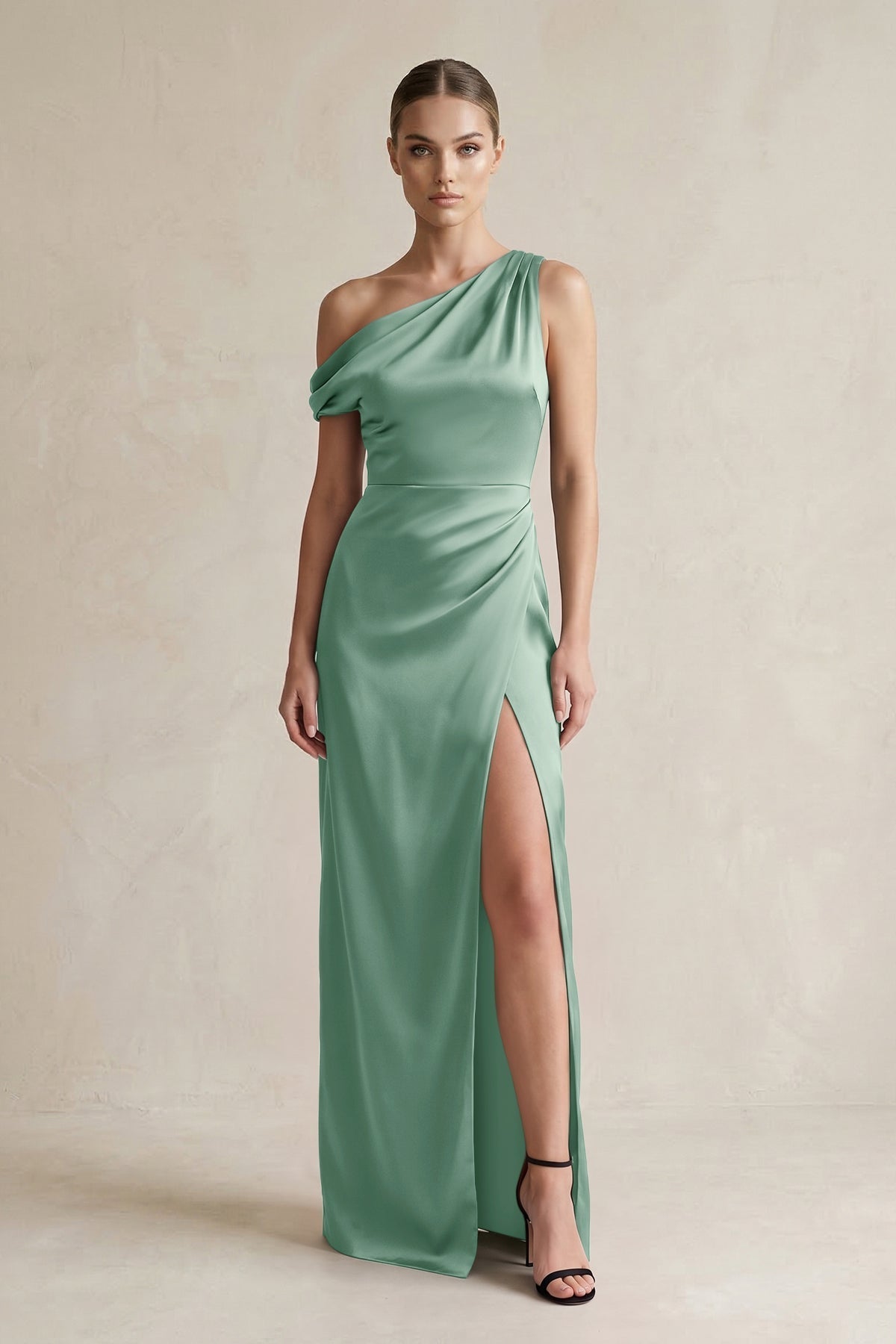 KissProm One-Shoulder Satin Sheath Bridesmaid Dress With Slit in Mint Green, Mint Green / 8