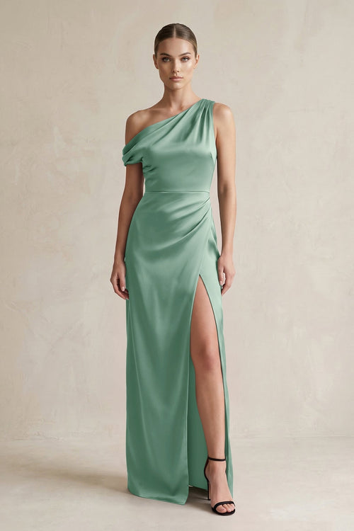 One - Shoulder Satin Sheath Bridesmaid Dress With Slit in Mint Green - KissProm Bridesmaid Dresses
