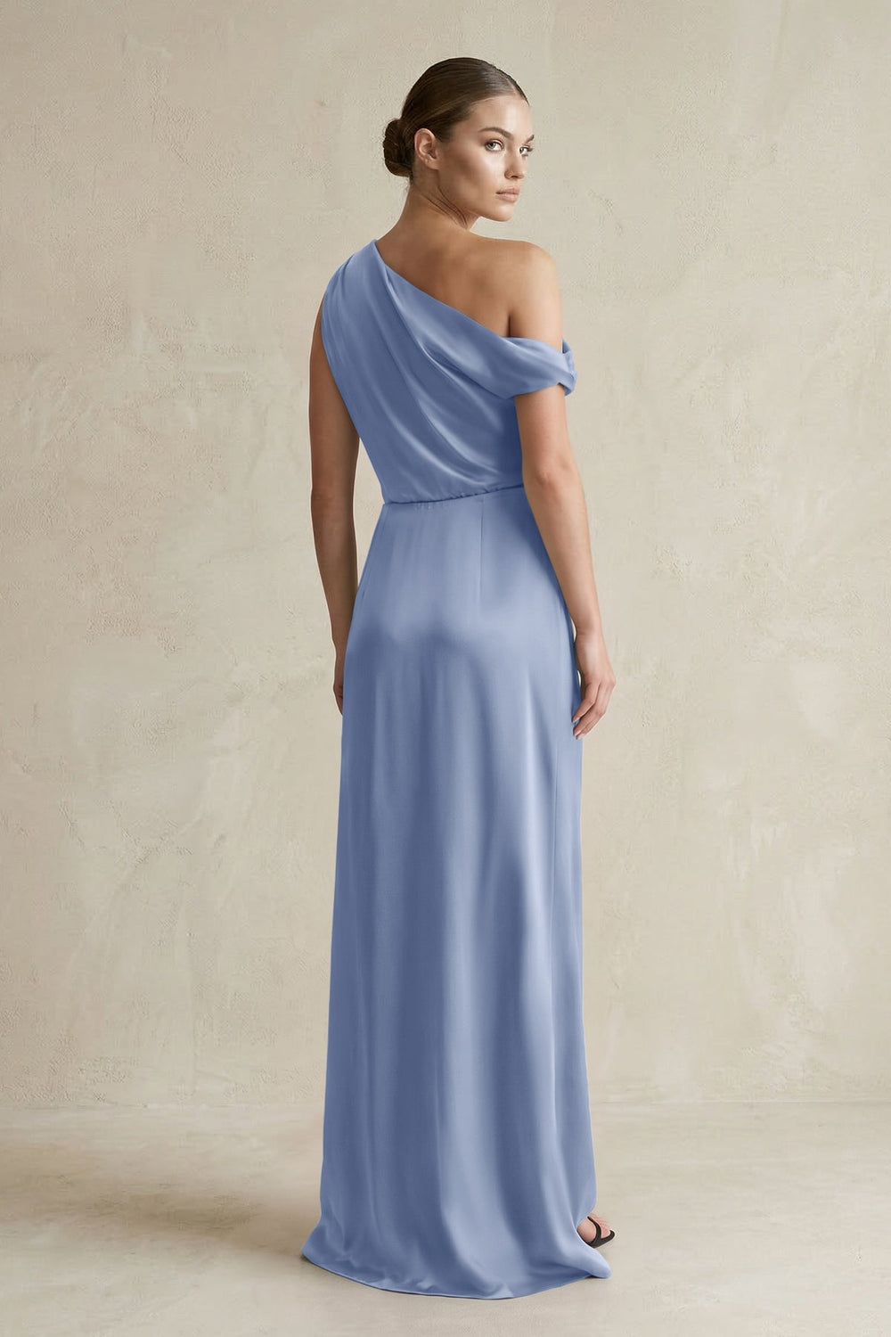One - Shoulder Satin Sheath Bridesmaid Dress With Slit in Mist - KissProm Bridesmaid Dresses
