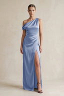 One - Shoulder Satin Sheath Bridesmaid Dress With Slit in Mist - KissProm Bridesmaid Dresses