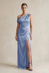 One - Shoulder Satin Sheath Bridesmaid Dress With Slit in Mist - KissProm Bridesmaid Dresses