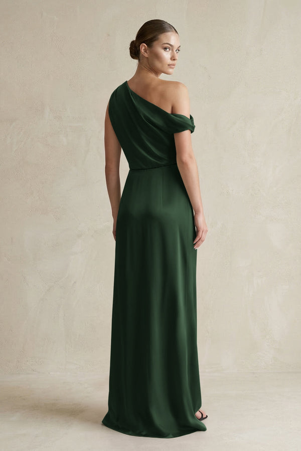 One - Shoulder Satin Sheath Bridesmaid Dress With Slit in Moss - KissProm Bridesmaid Dresses