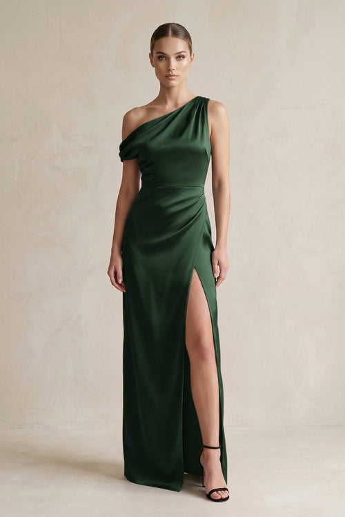 One - Shoulder Satin Sheath Bridesmaid Dress With Slit in Moss - KissProm Bridesmaid Dresses