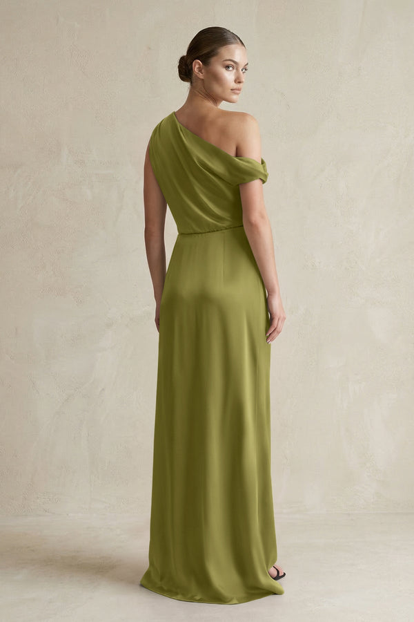 One - Shoulder Satin Sheath Bridesmaid Dress With Slit in Moss Green - KissProm Bridesmaid Dresses
