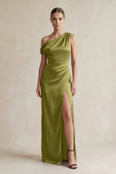 One - Shoulder Satin Sheath Bridesmaid Dress With Slit in Moss Green - KissProm Bridesmaid Dresses