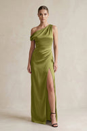 One - Shoulder Satin Sheath Bridesmaid Dress With Slit in Moss Green - KissProm Bridesmaid Dresses