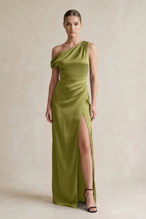 One - Shoulder Satin Sheath Bridesmaid Dress With Slit in Moss Green - KissProm Bridesmaid Dresses