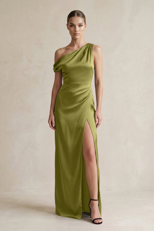 One - Shoulder Satin Sheath Bridesmaid Dress With Slit in Moss Green - KissProm Bridesmaid Dresses