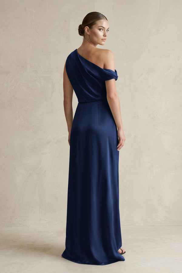 One - Shoulder Satin Sheath Bridesmaid Dress With Slit in Navy - KissProm Bridesmaid Dresses