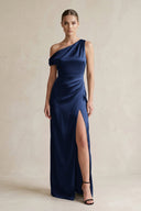 One - Shoulder Satin Sheath Bridesmaid Dress With Slit in Navy - KissProm Bridesmaid Dresses