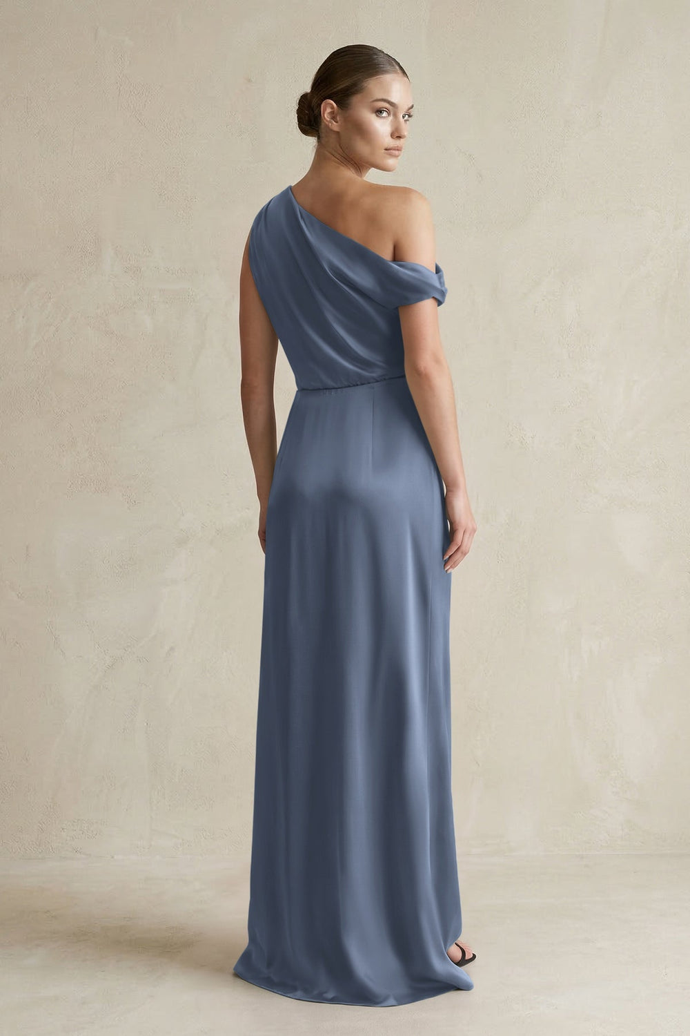 One - Shoulder Satin Sheath Bridesmaid Dress With Slit in Neptune - KissProm Bridesmaid Dresses