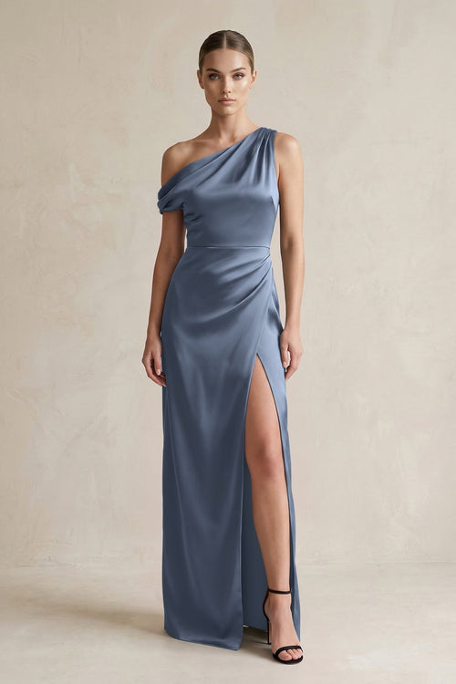 One - Shoulder Satin Sheath Bridesmaid Dress With Slit in Neptune - KissProm Bridesmaid Dresses