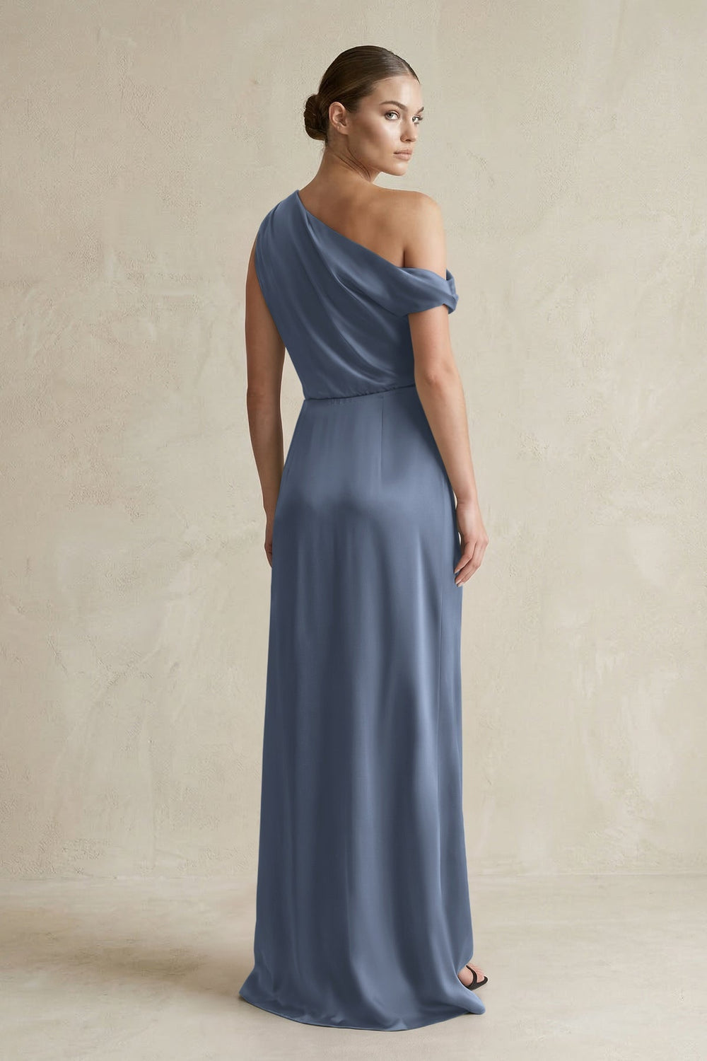 One - Shoulder Satin Sheath Bridesmaid Dress With Slit in Neptune - KissProm Bridesmaid Dresses