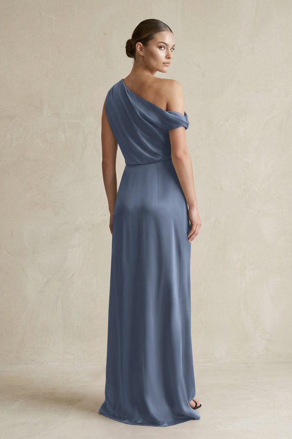 One - Shoulder Satin Sheath Bridesmaid Dress With Slit in Neptune - KissProm Bridesmaid Dresses