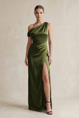 One - Shoulder Satin Sheath Bridesmaid Dress With Slit in Olive - KissProm Bridesmaid Dresses