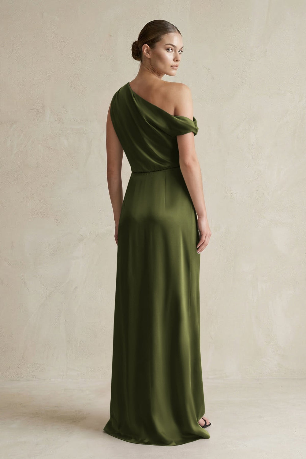 One - Shoulder Satin Sheath Bridesmaid Dress With Slit in Olive - KissProm Bridesmaid Dresses