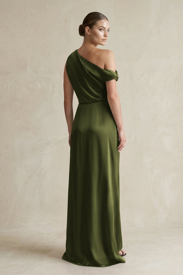 One - Shoulder Satin Sheath Bridesmaid Dress With Slit in Olive - KissProm Bridesmaid Dresses