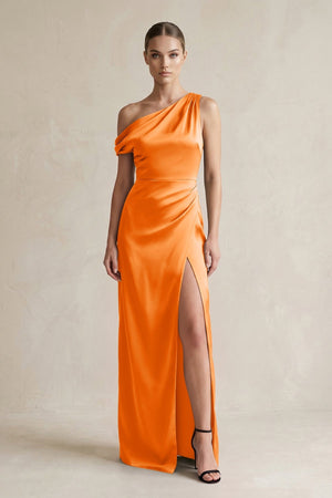 One - Shoulder Satin Sheath Bridesmaid Dress With Slit in Orange - KissProm Bridesmaid Dresses