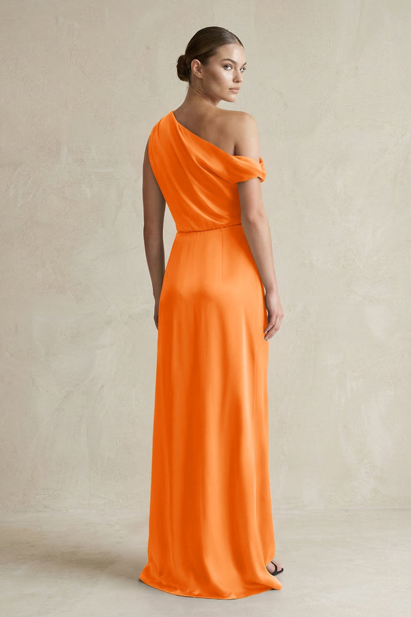 One - Shoulder Satin Sheath Bridesmaid Dress With Slit in Orange - KissProm Bridesmaid Dresses