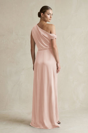 One - Shoulder Satin Sheath Bridesmaid Dress With Slit in Pale Blush - KissProm Bridesmaid Dresses