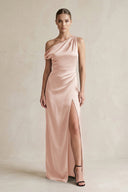 One - Shoulder Satin Sheath Bridesmaid Dress With Slit in Pale Blush - KissProm Bridesmaid Dresses