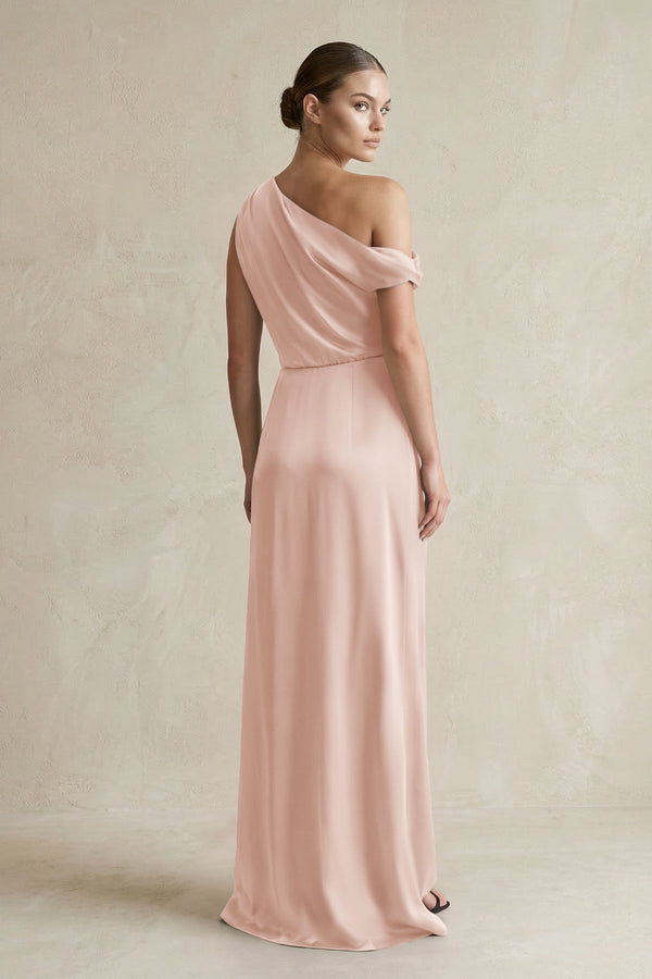 One - Shoulder Satin Sheath Bridesmaid Dress With Slit in Pale Blush - KissProm Bridesmaid Dresses