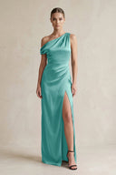 One - Shoulder Satin Sheath Bridesmaid Dress With Slit in Pale Pistachio - KissProm Bridesmaid Dresses