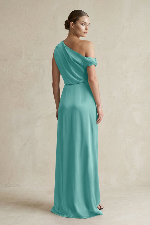 One - Shoulder Satin Sheath Bridesmaid Dress With Slit in Pale Pistachio - KissProm Bridesmaid Dresses