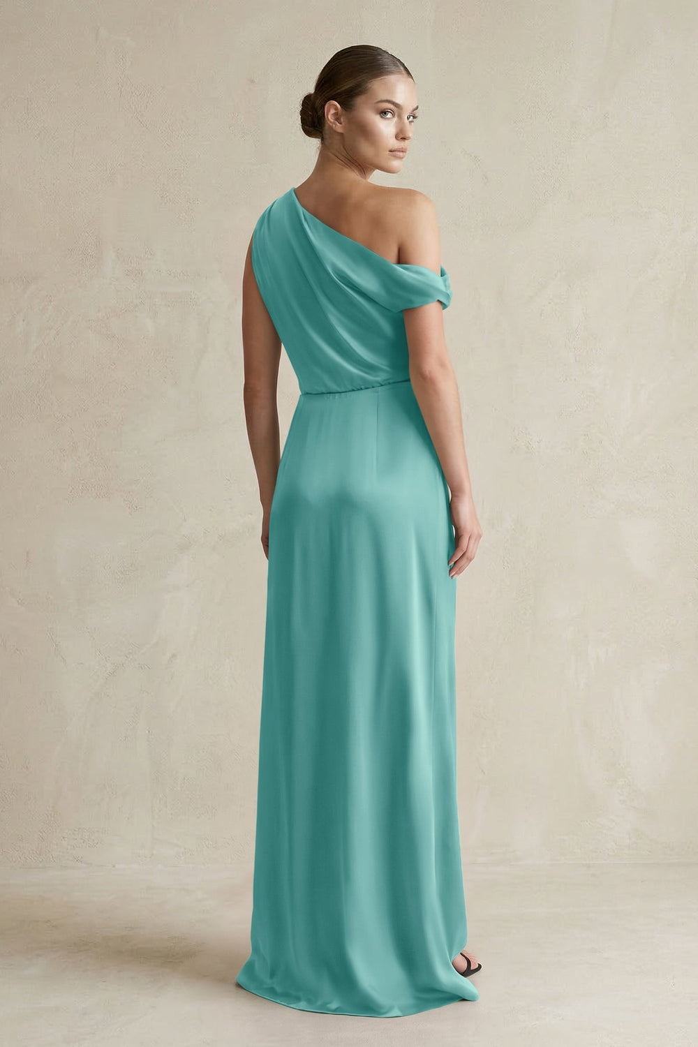 One - Shoulder Satin Sheath Bridesmaid Dress With Slit in Pale Pistachio - KissProm Bridesmaid Dresses