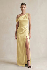 One - Shoulder Satin Sheath Bridesmaid Dress With Slit in Pastel Yellow - KissProm Bridesmaid Dresses