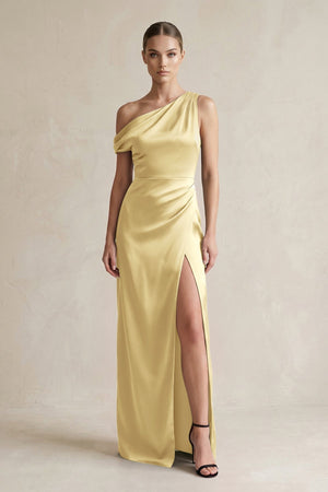 One - Shoulder Satin Sheath Bridesmaid Dress With Slit in Pastel Yellow - KissProm Bridesmaid Dresses