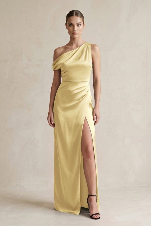 One - Shoulder Satin Sheath Bridesmaid Dress With Slit in Pastel Yellow - KissProm Bridesmaid Dresses