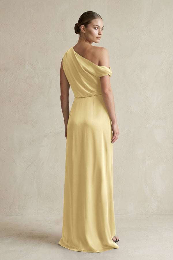 One - Shoulder Satin Sheath Bridesmaid Dress With Slit in Pastel Yellow - KissProm Bridesmaid Dresses