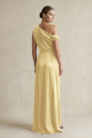 One - Shoulder Satin Sheath Bridesmaid Dress With Slit in Pastel Yellow - KissProm Bridesmaid Dresses