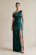 One - Shoulder Satin Sheath Bridesmaid Dress With Slit in Pine - KissProm Bridesmaid Dresses