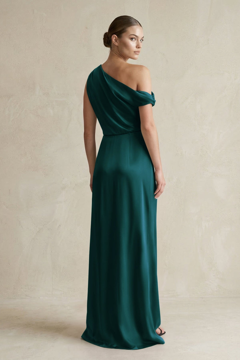 One - Shoulder Satin Sheath Bridesmaid Dress With Slit in Pine - KissProm Bridesmaid Dresses