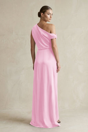One - Shoulder Satin Sheath Bridesmaid Dress With Slit in Pink - KissProm Bridesmaid Dresses
