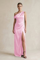One - Shoulder Satin Sheath Bridesmaid Dress With Slit in Pink - KissProm Bridesmaid Dresses