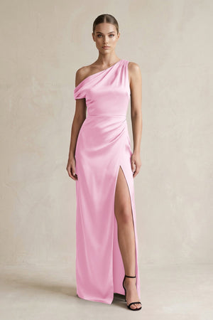 One - Shoulder Satin Sheath Bridesmaid Dress With Slit in Pink - KissProm Bridesmaid Dresses