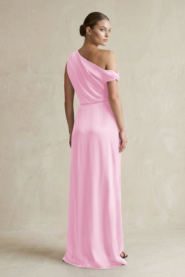 One - Shoulder Satin Sheath Bridesmaid Dress With Slit in Pink - KissProm Bridesmaid Dresses