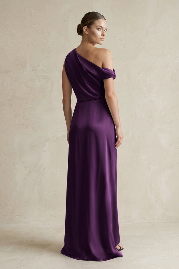 One - Shoulder Satin Sheath Bridesmaid Dress With Slit in Plum - KissProm Bridesmaid Dresses