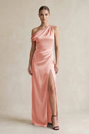 One - Shoulder Satin Sheath Bridesmaid Dress With Slit in Rose Petal - KissProm Bridesmaid Dresses